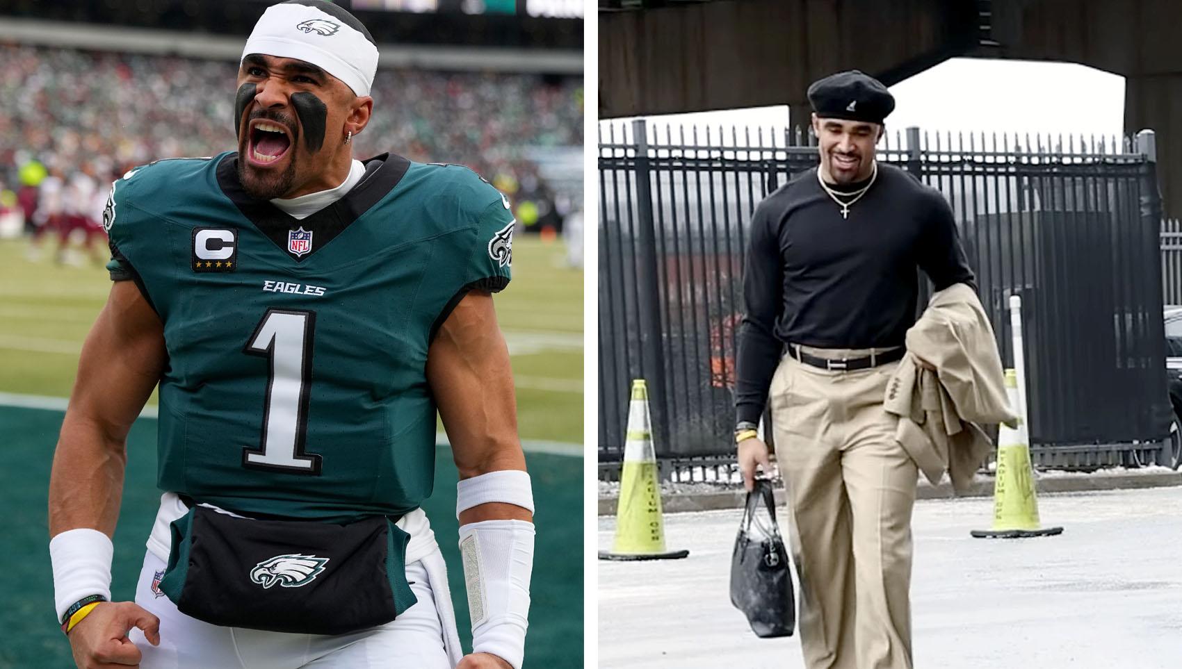 Jalen Hurts Pregame Outfit Embraces 90s Style at Eagles NFC Game