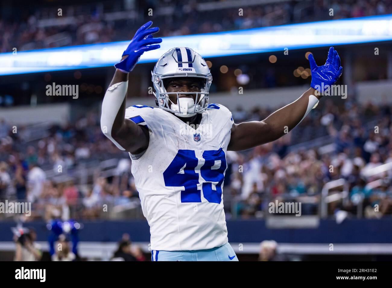 Dallas Cowboys wide receiver John Stephens Jr. (49) celebrates scoring a touchdown during an NFL football
